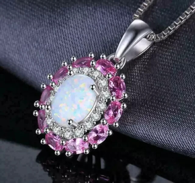 2Ct Oval Cut Simulated Fire Opal Halo Pendant 14K White Gold Plated with Chain