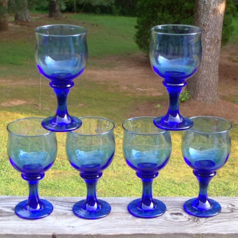 Vintage Libbey Cobalt Blue Balloon Footed Water Goblets Set of 6