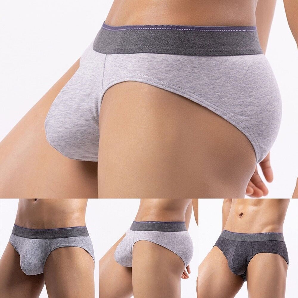 Stylish Grey Men's Cotton Briefs Thong Underwear Sexy Pouch Underpant Panties
