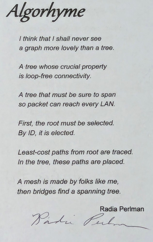 Radia Perlman Signed Algorhyme Poem Autograph PSA DNA Mother of Internet