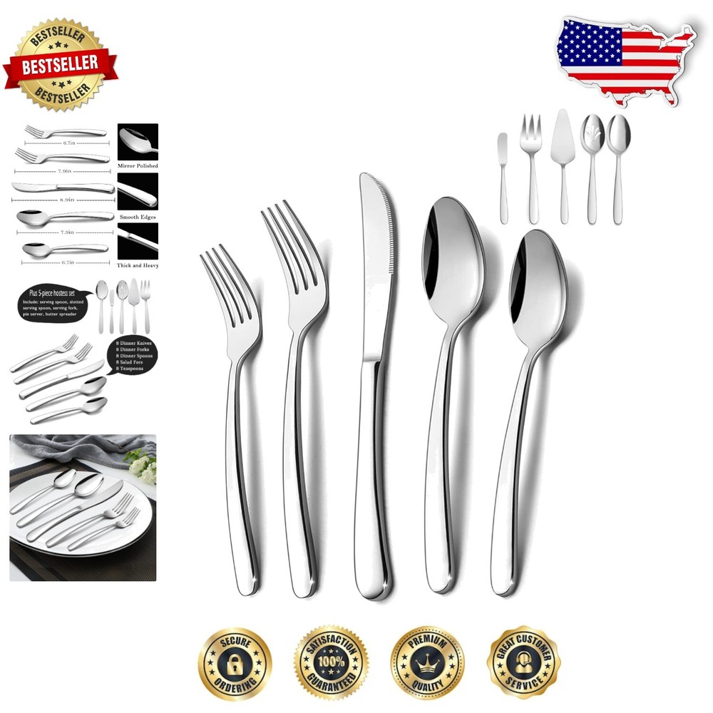 Dishwasher Safe Contemporary Flatware Set - 65 Pieces with Serving Essentials