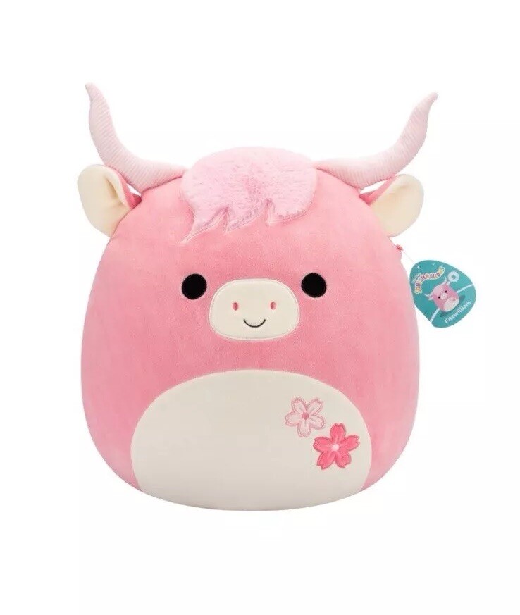 Rare Squishmallows 16” Fitzwilliam the Pink Sakura Bull Highland Cow Plush - FTM