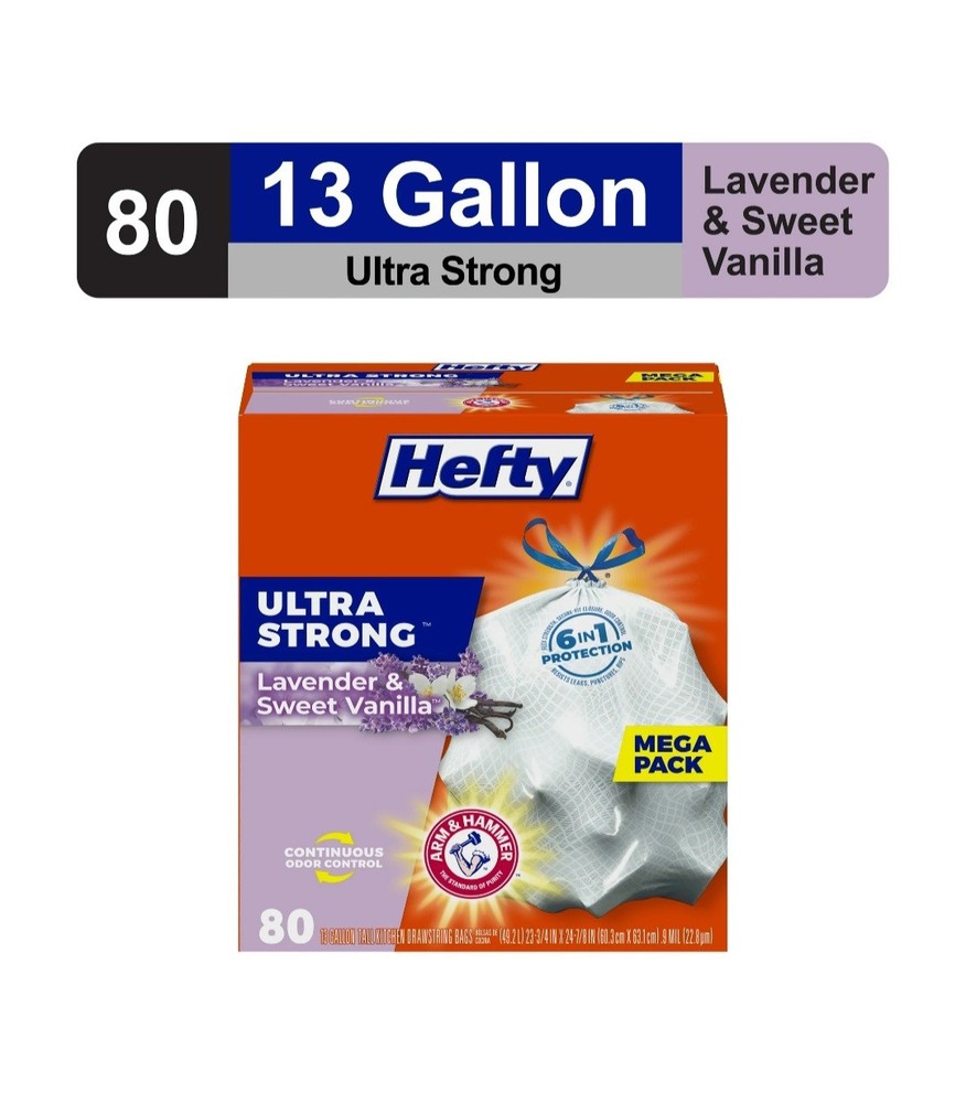 Hefty Ultra Strong Lavender Vanilla Trash Bags 13 Gallon 80 Count Durable