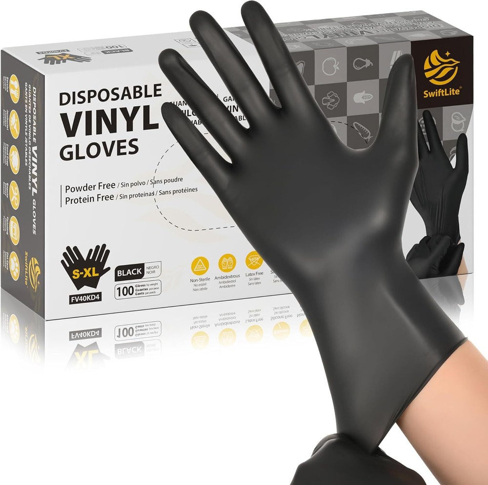 Black Vinyl Gloves, Food Grade Gloves Disposable Latex Free & Powder Medium