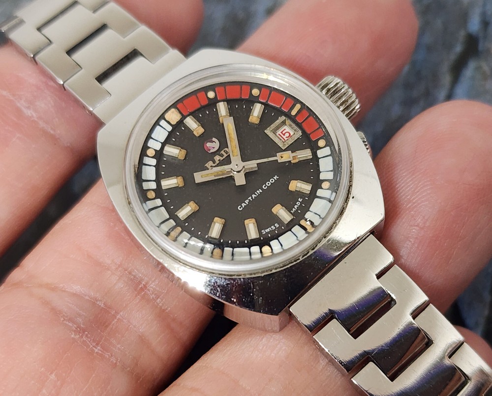 Rare Rado Captain Cook Automatic 727/1 Black Dial Date Ladies Watch Vintage