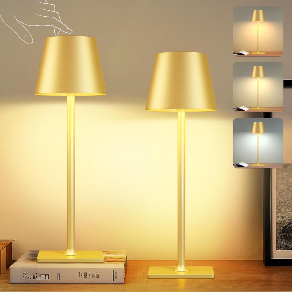 2 Pack Gold Cordless Table Lamp with 6000mAh Battery and Touch Control