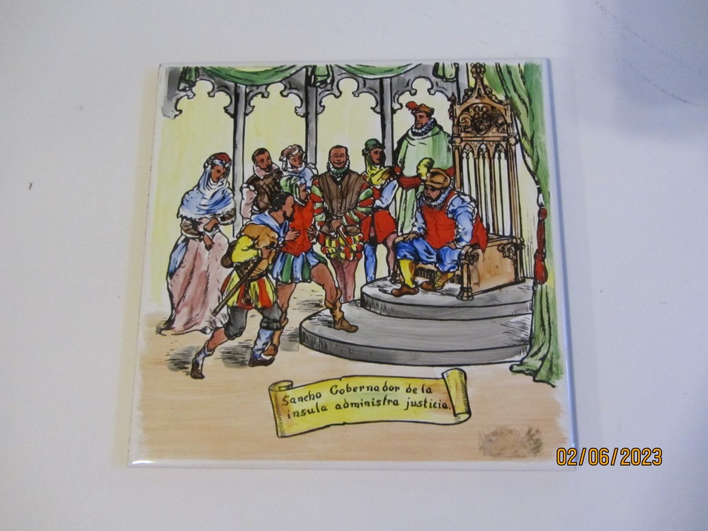 VINTAGE SPANISH HIJOS DE A DIASO HAND PAINTED CERAMIC TILE DON QUIXOTE THEME B