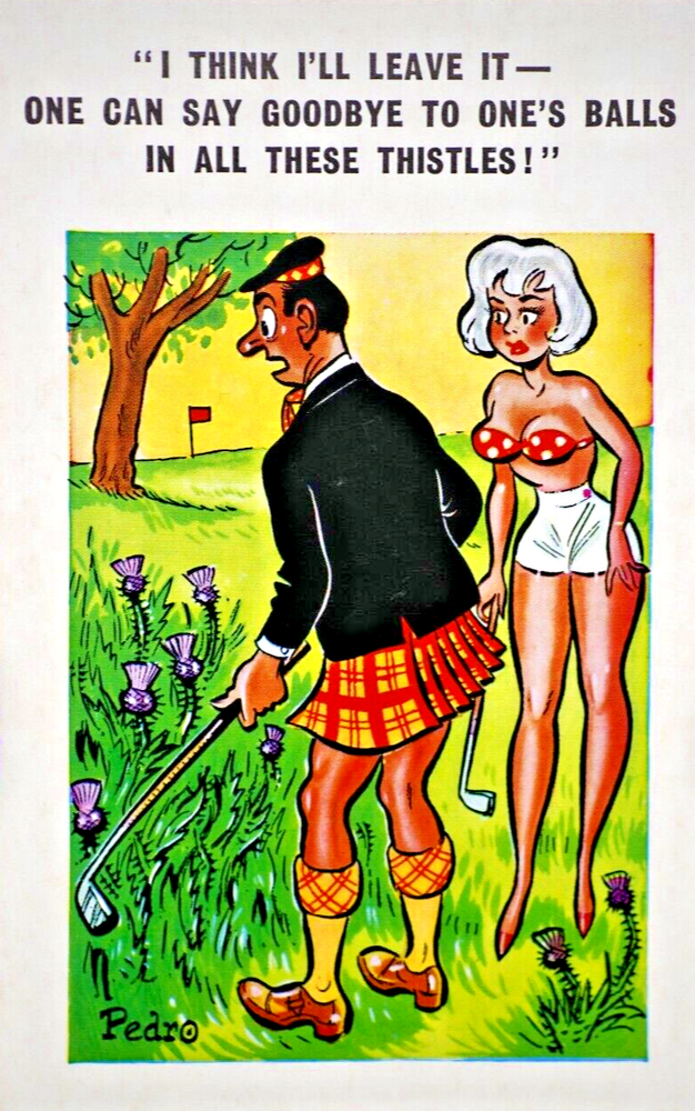 Postcard Seaside Comic Saucy Risqué Golf Scotsman Kilt Sunny Pedro Series 125