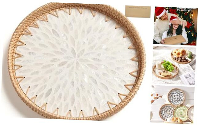 [Gift Box] Rattan Tray with Mother of Pearl Inlay, Round Rattan Serving Tray