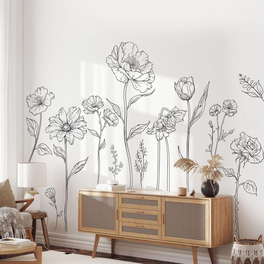 Large Black Boho Flower Wall Decals Simple Sketch Floral Wall Stickers Wildflowe