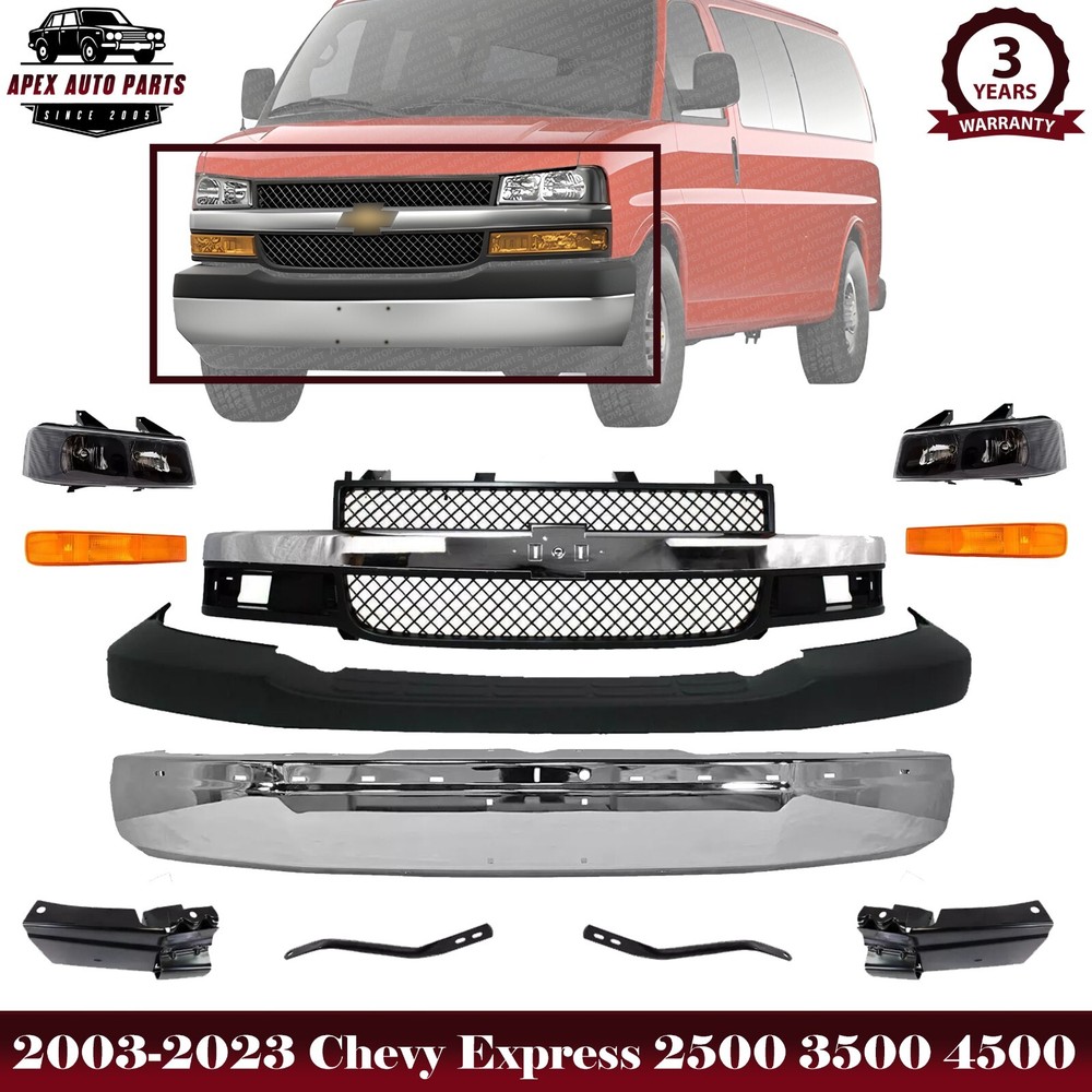 Front Bumper Chrome & Headlight Kit For 2003-2023 Chevy Express 2500 3500 4500