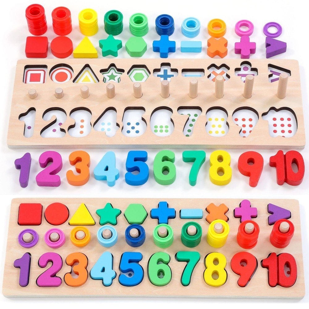 Wooden Montessori Toys for Kids Toddler Number Puzzles Sorter Counting Shape ...