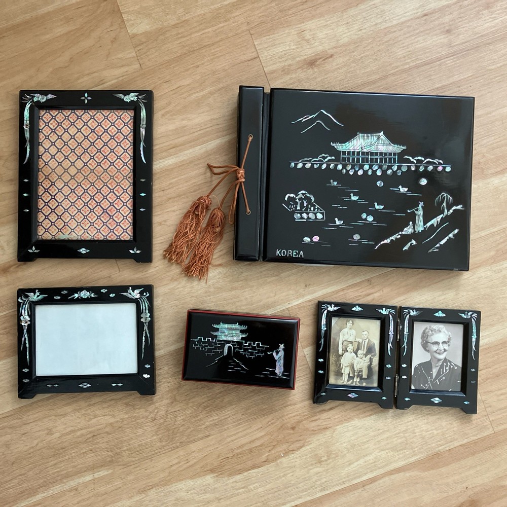 Lot Of Black Lacquered Mother Of Pearl Vintage Album Frames Trinket Box KOREA