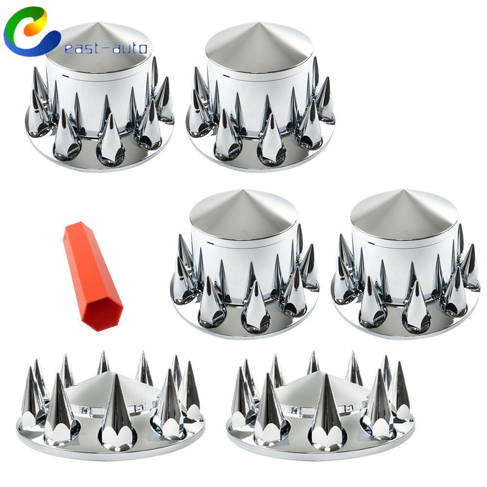 Spiked Chrome 33mm Front & Rear Semi Truck Wheel Hub Cover Kit  
