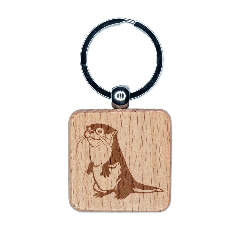 Curious and Cute River Otter Standing Engraved Wood Square Keychain Tag Charm