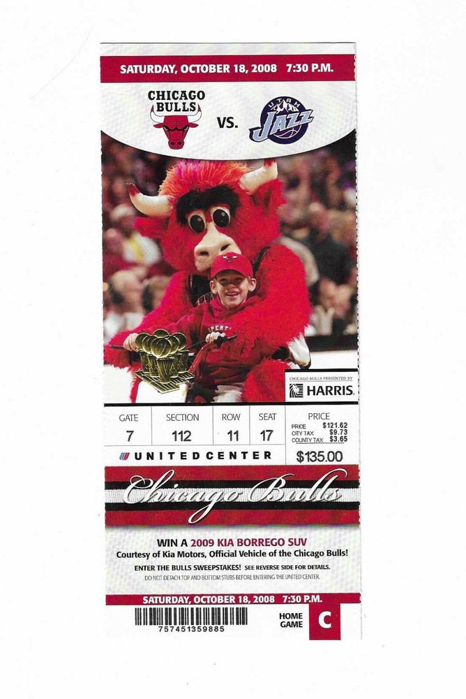 Chicago Bulls vs Utah Jazz Unused Basketball Ticket from 10/18/2008