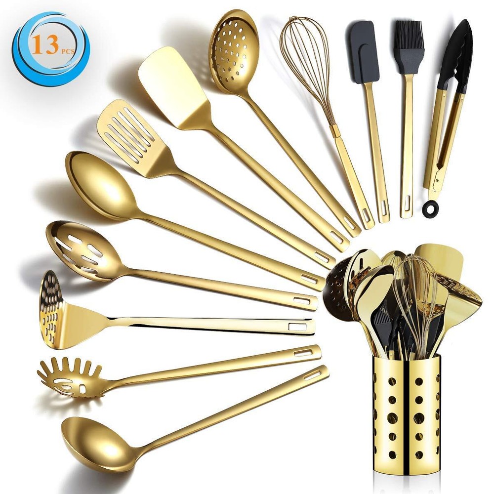 Gold Cooking Utensils Set, Stainless Steel 13 Pieces Kitchen Utensils Set Wit...