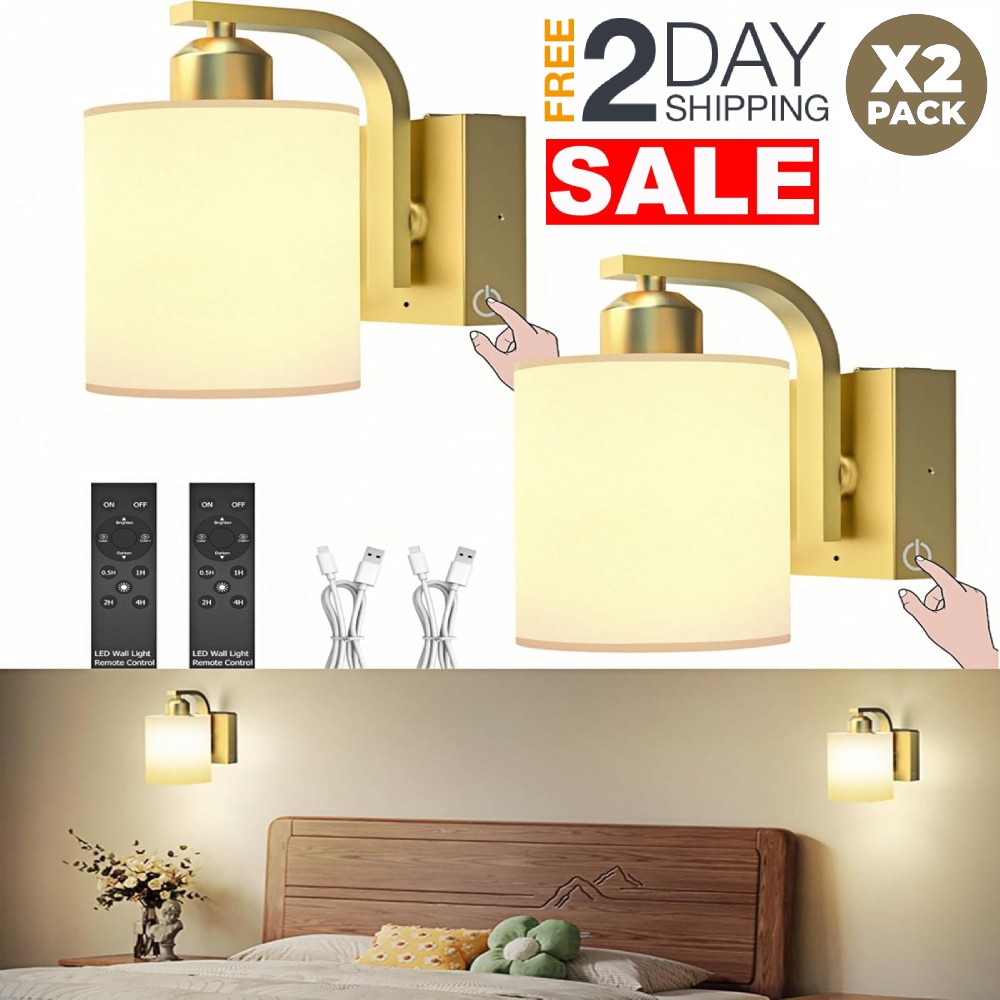 2 Lamparas Inalambricas Recargable De Pared Elegante Remoto Dorada Para Cuarto