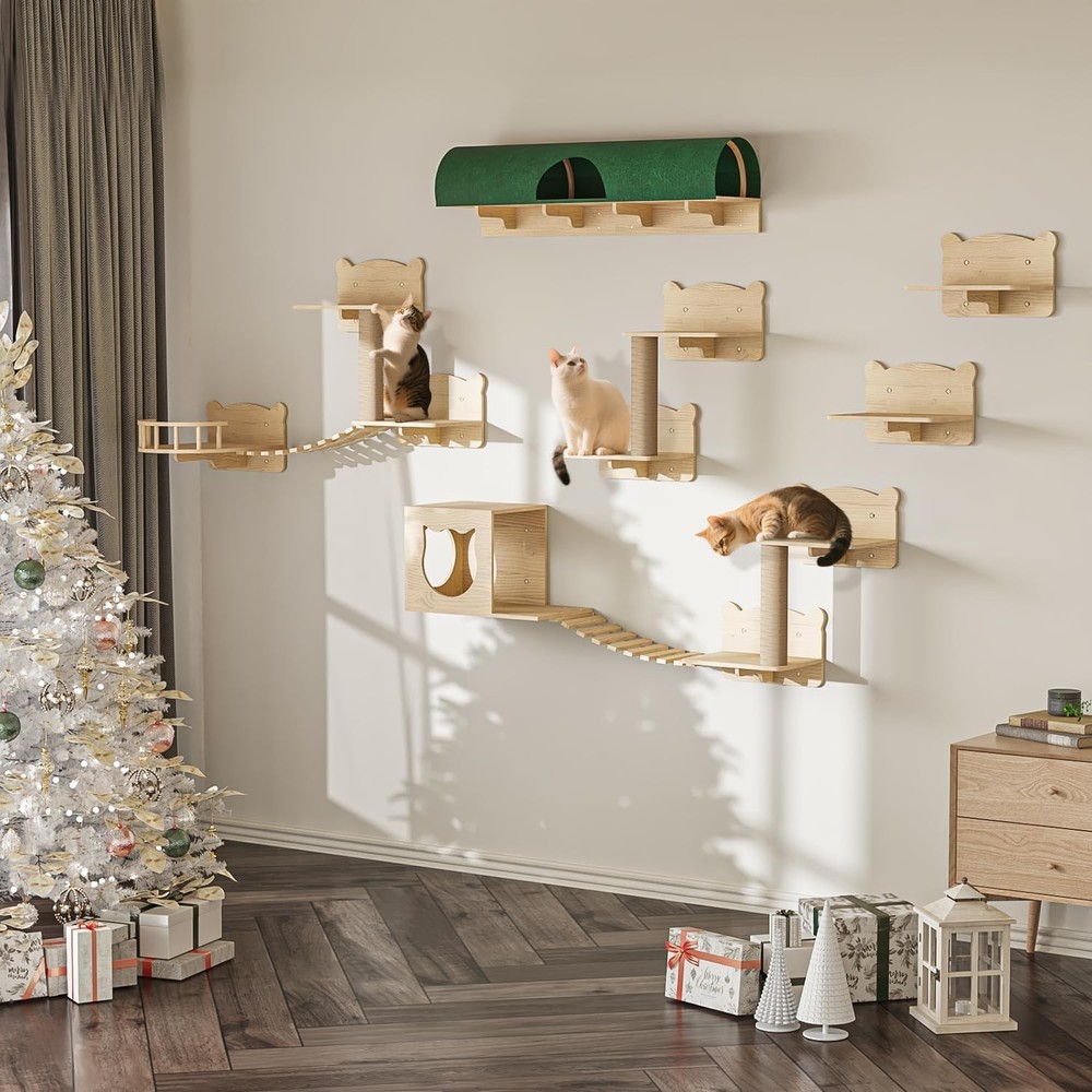 16-Piece Cat Wall Shelves Set with Bed, House & Climbing Steps