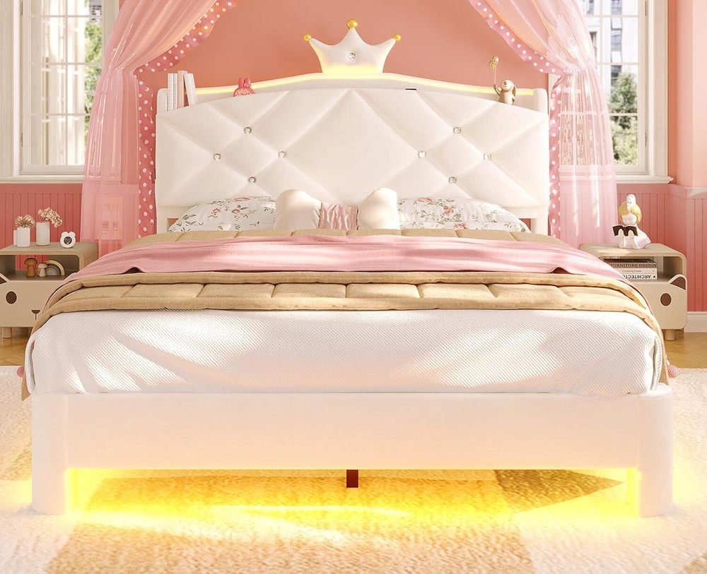 Full LED Upholstered Princess Bed Frame with Headboard in White-image