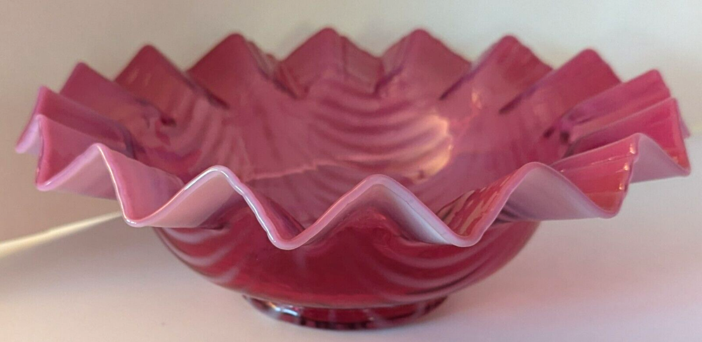 Fenton Cranberry Opalescent Glass Bowl with Swags and Crimps 8.25 Signed EUC Rare