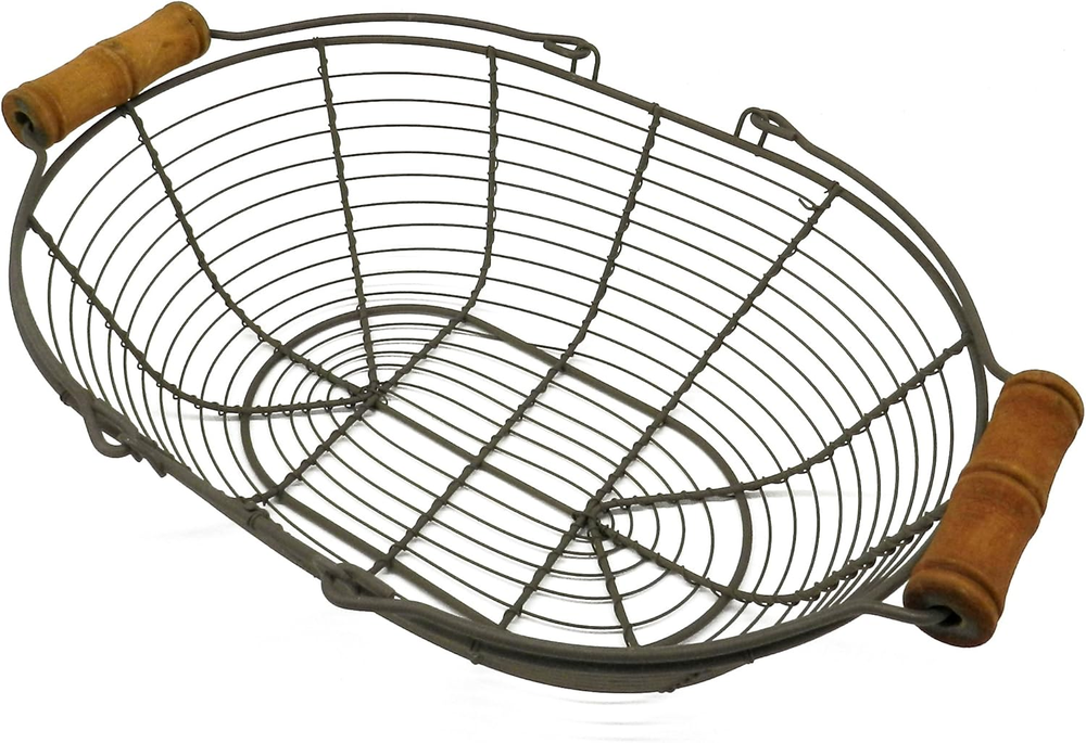 CVHOMEDECO Oval Metal Wire Egg Basket with Wooden Handle for Rustic Charm
