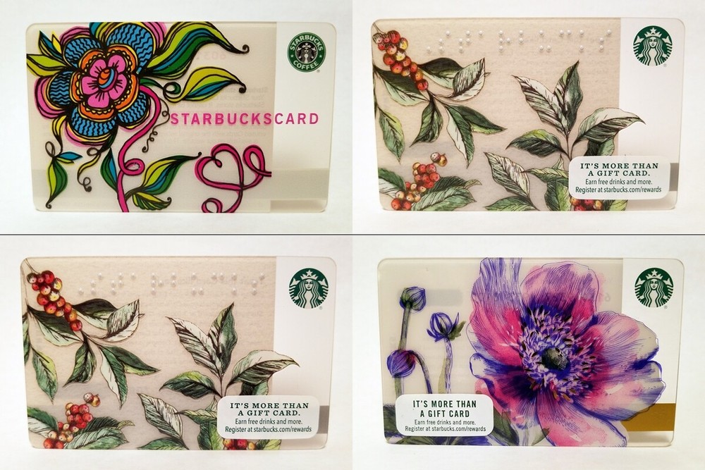 Starbucks Gift Card Lot of 4 - Nature, Flower, Braille & Coffee Bean Theme-image