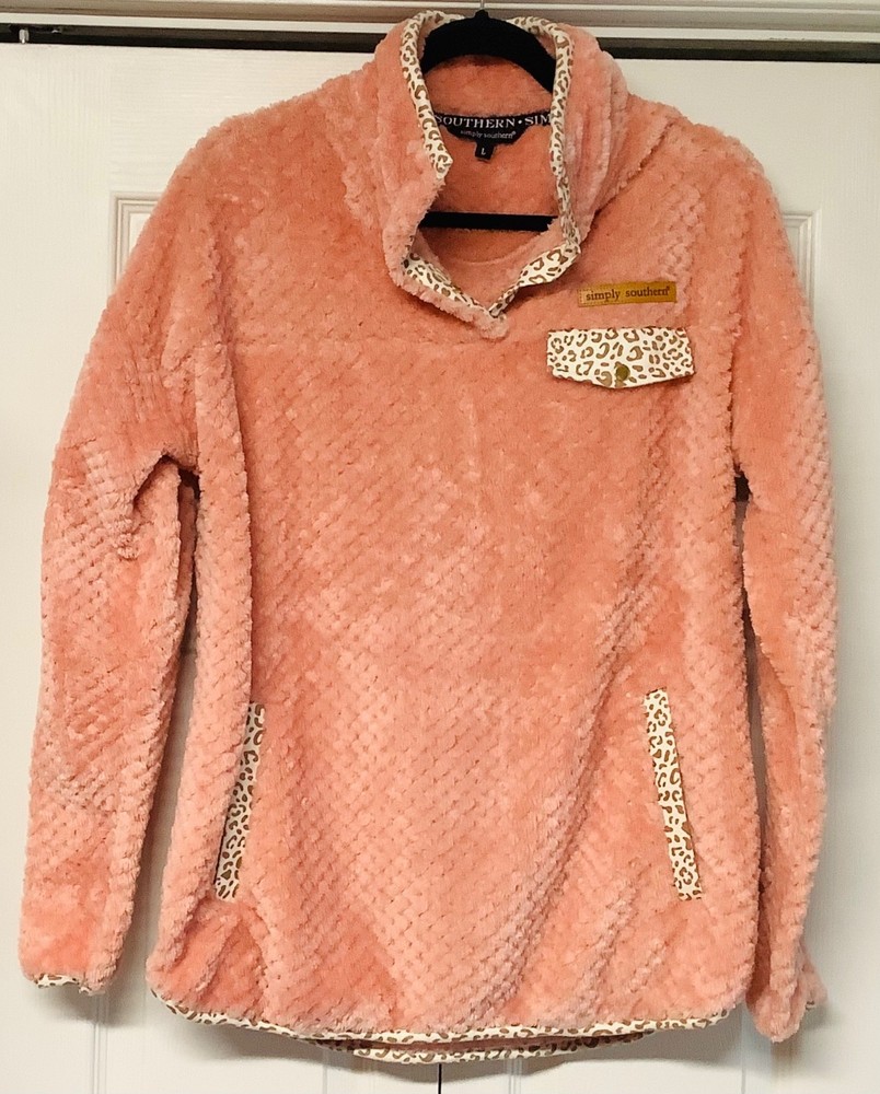 Simply Southern Soft Sherpa Size: L, Peach w/Leopard Trim Women's Pullover NWOT
