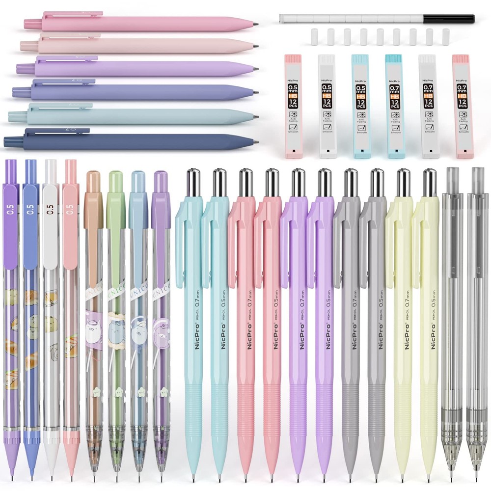 Nicpro 26 PCS Pastel Mechanical Pencil 0.5 mm & 0.7 mm with Bag for School wi...