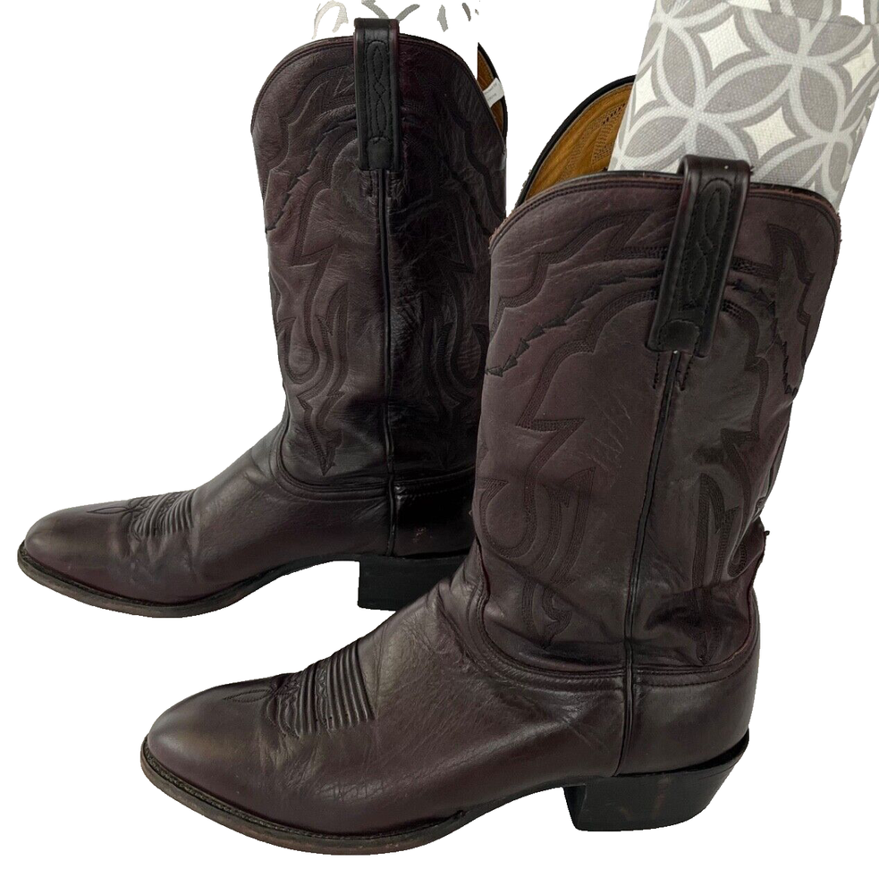 Vintage Lucchese 2000 Black Cherry Leather Boots Size 11 D Men's Western