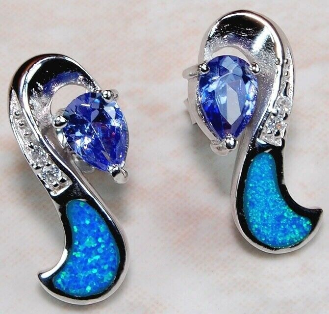 4CT Treated Sapphire & Australian Opal Inlay 925 Sterling Silver Earrings GA8