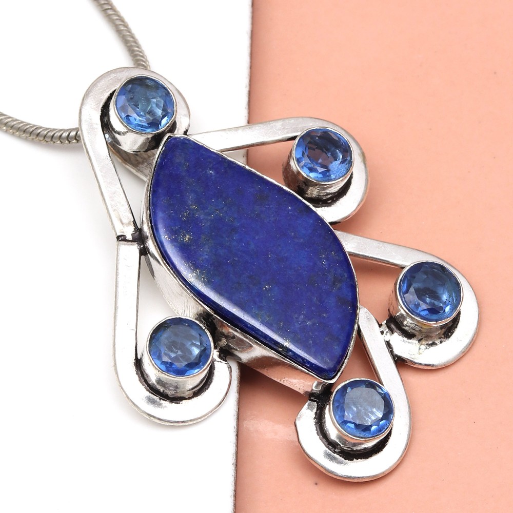 Lapis Lazuli Tanzanite Gemstone Silver Pendant for Mother's Day 2 Inch