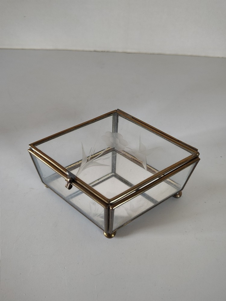Brass and Glass Trinket Box with Mirrored Bottom Featuring Etched Hummingbird and Flower Design