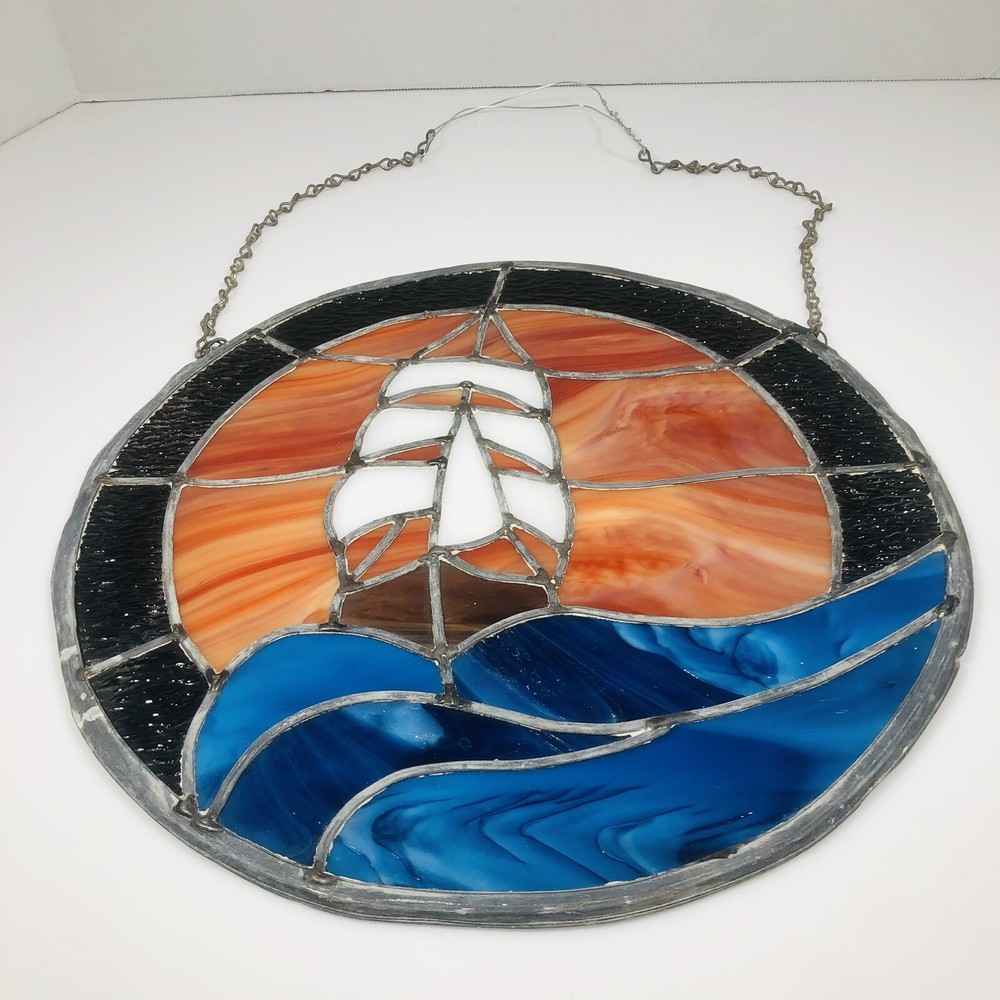 Vintage Stained Glass Sailboat ￼Window Hanging Panel Suncatcher