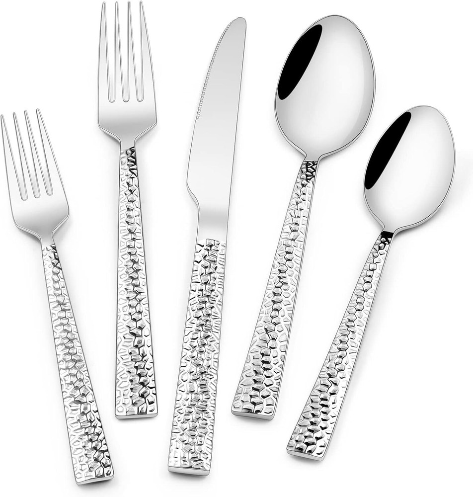 Hammered Silverware Set, 40-Piece Stainless Steel Square Flatware Set for 8
