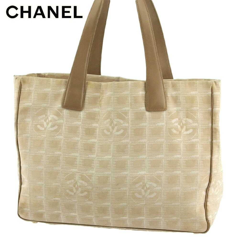 Chanel Beige Gold Nylon Jacquard Tote Shoulder Bag Unisex Preowned