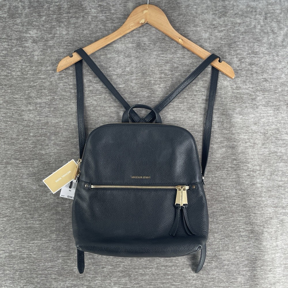 Michael Kors Rhea Medium Slim Pebbled Leather Backpack Black Logo Brand New $258