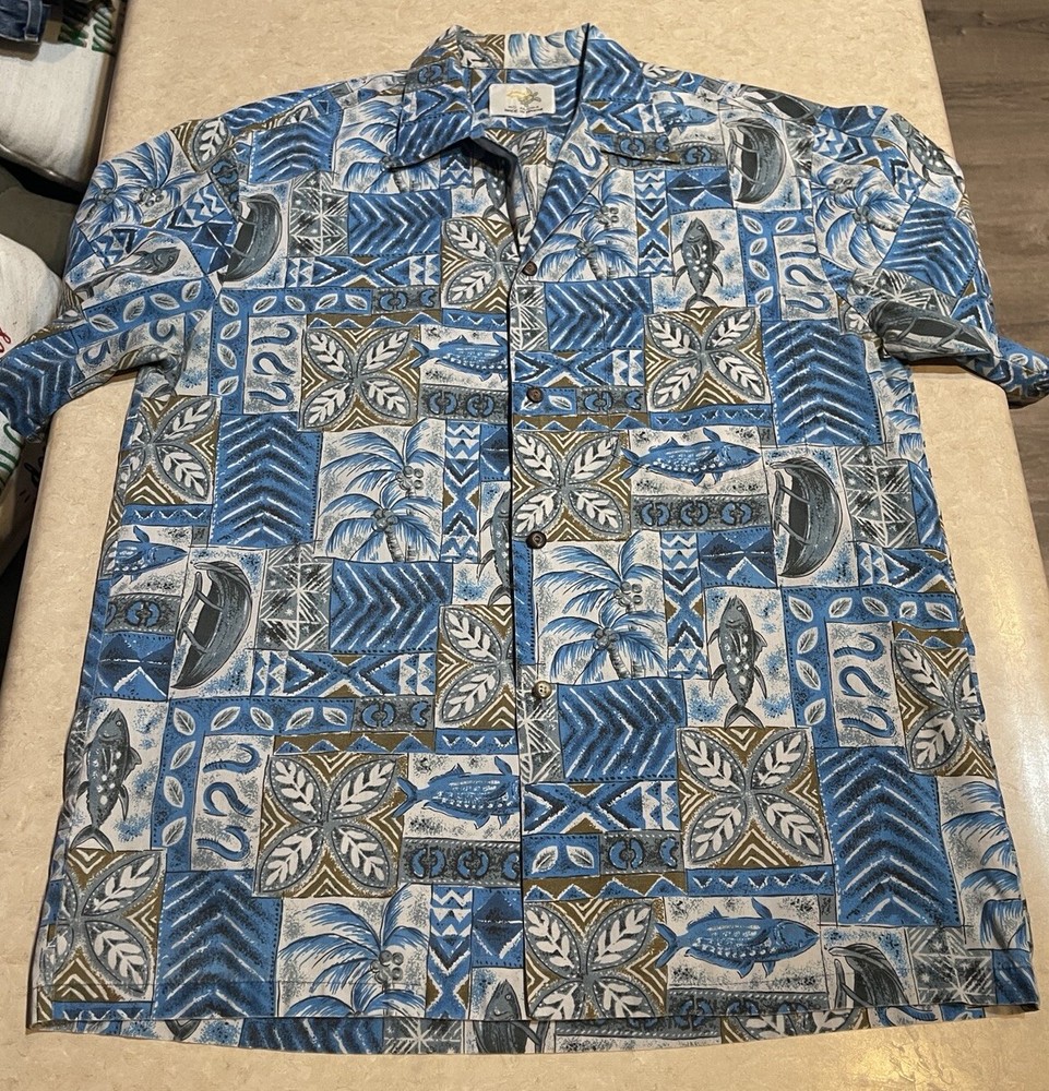 Vtg Ho Aloha Original Hawaiian Shirt Mens L Blue Floral Hibiscus Aloha USA Made