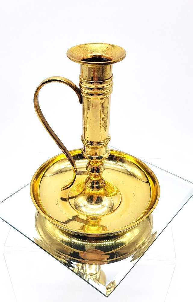 1980s Solid Brass Chamberstick Candle Holder with Circular Base and Handle