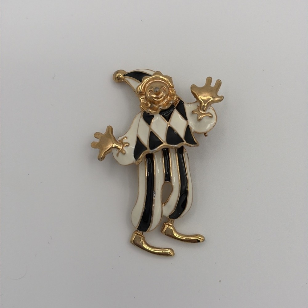 Vintage Gold Tone Jester Clown Black White Enamel Articulated Brooch Pendant