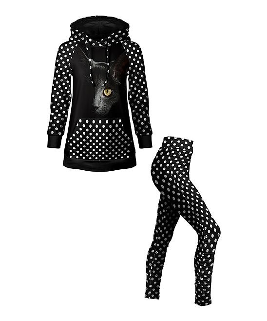 Lily | Black & White Cat Face & Polka Dot Kangaroo-Pocket Hoodie & Leggings Set