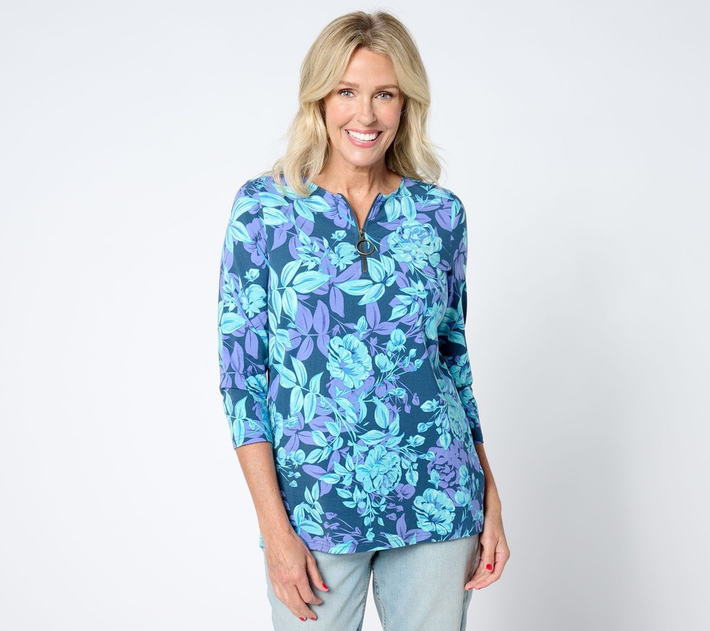 Maya J Women's Top Sz M TripleLuxe Knit Life is Rosey Zip Blue A651224