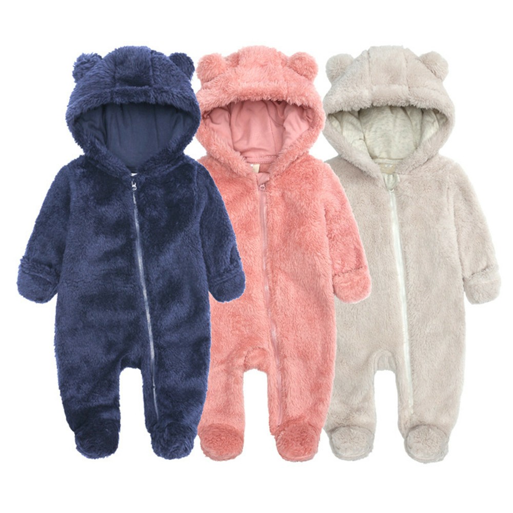 Newborn Infant Baby Girls Boys Fleece Bear Hooded Footed Romper Jumpsuit Clothes