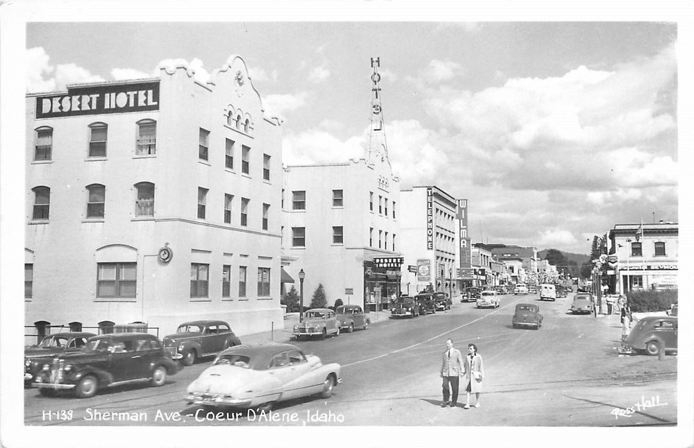 1940s Coeur D'Alene Idaho Sherman Avenue Hotel Marquee RPPC Postcard 25-10351