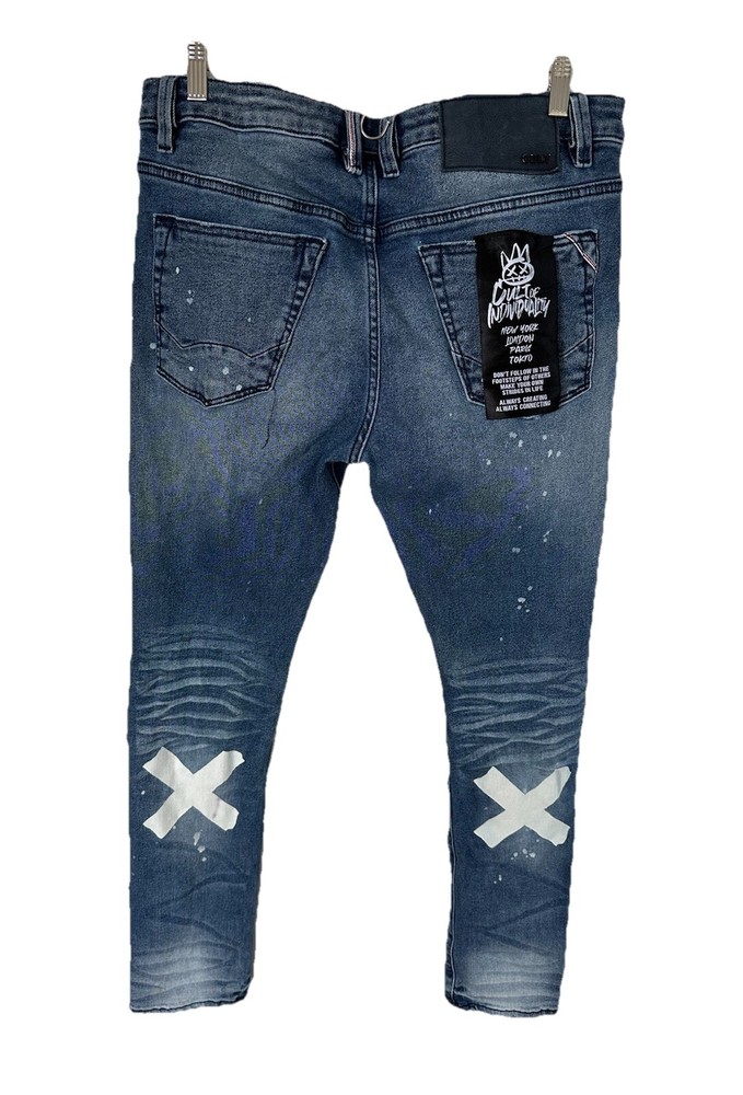 Cult of Individuality Jeans Mens 36 x 32 Blue Punk Super Skinny Paint Splatter