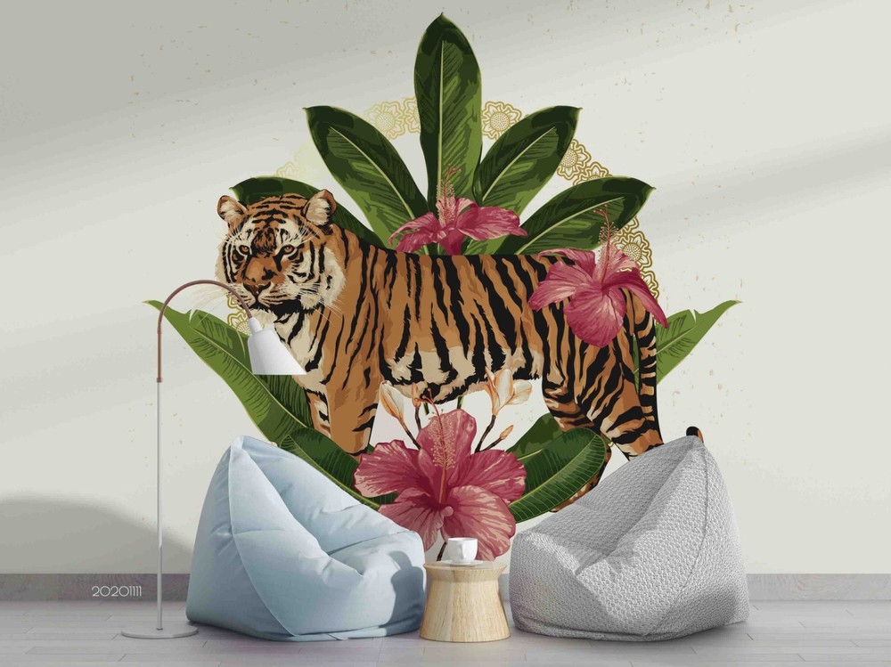 3D Flower Leaf Tiger Illustration Wall Murals Wallpaper Murals Wall Sticker