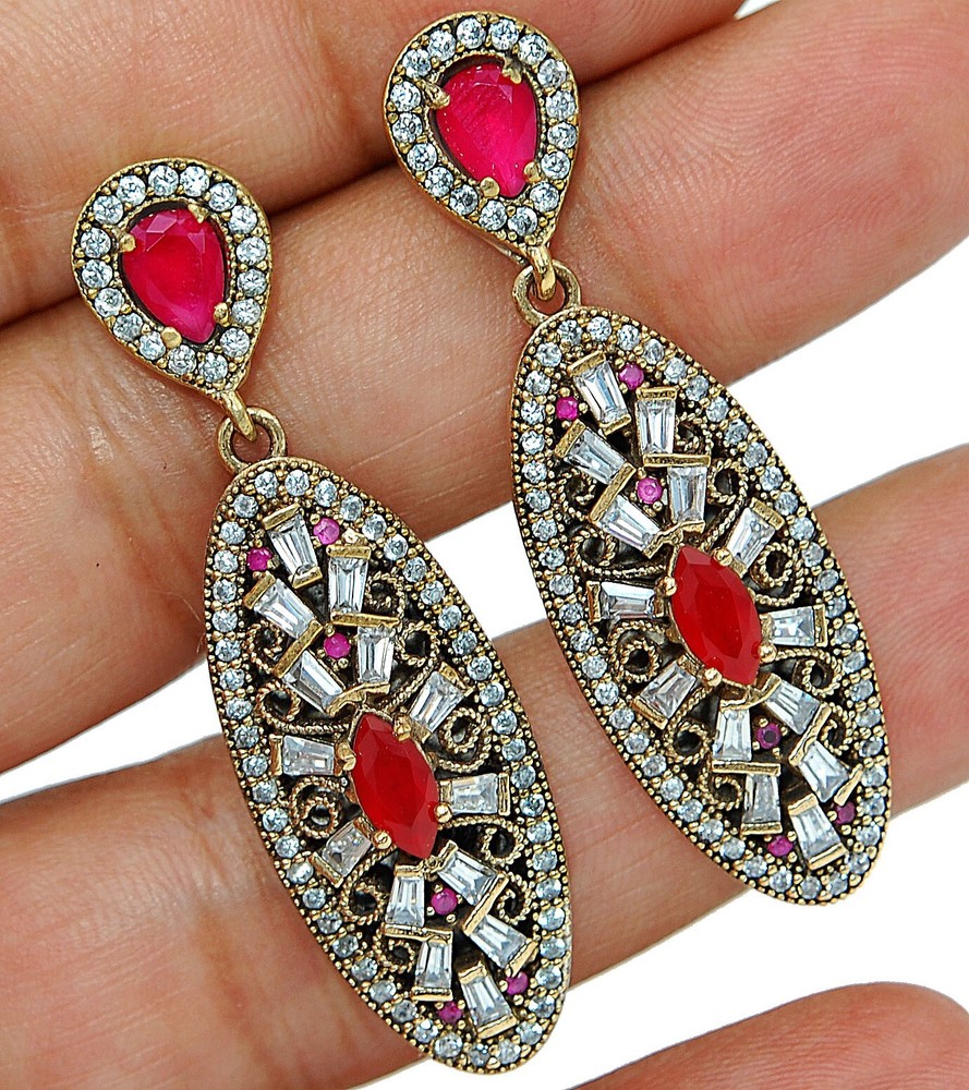 Ottoman Empire Inspired 8CT Treated Ruby 925 Sterling Silver Earrings