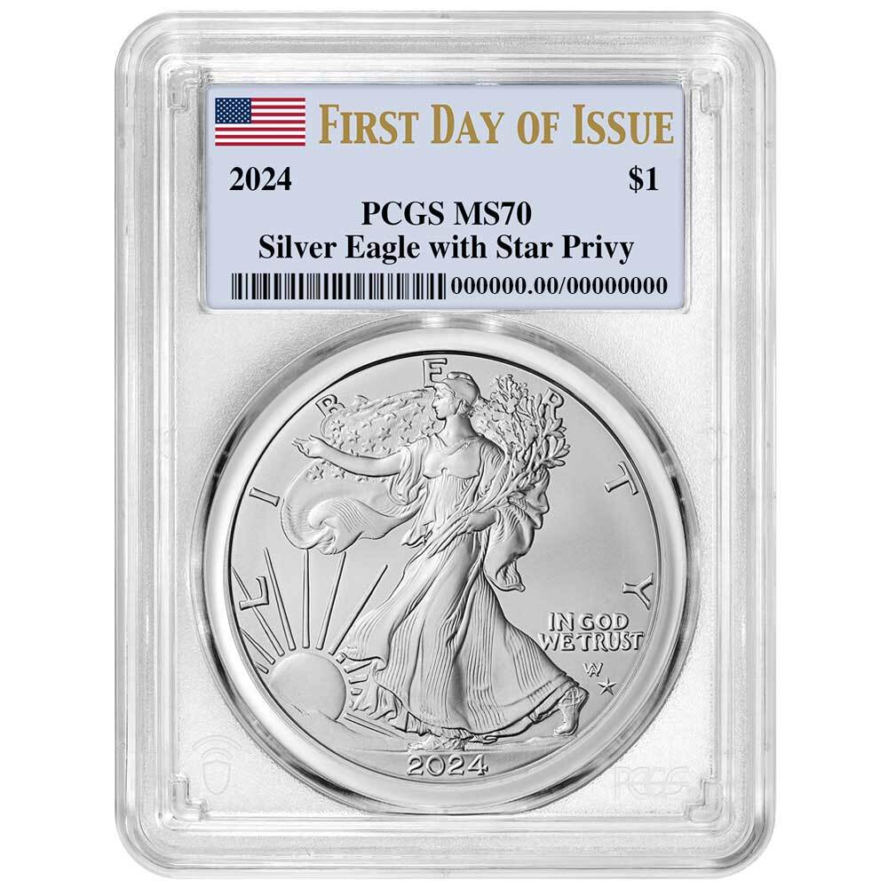 Presale - 2024 (P) $1 American Silver Eagle Star Privy PCGS MS70 FDOI Flag Label-image