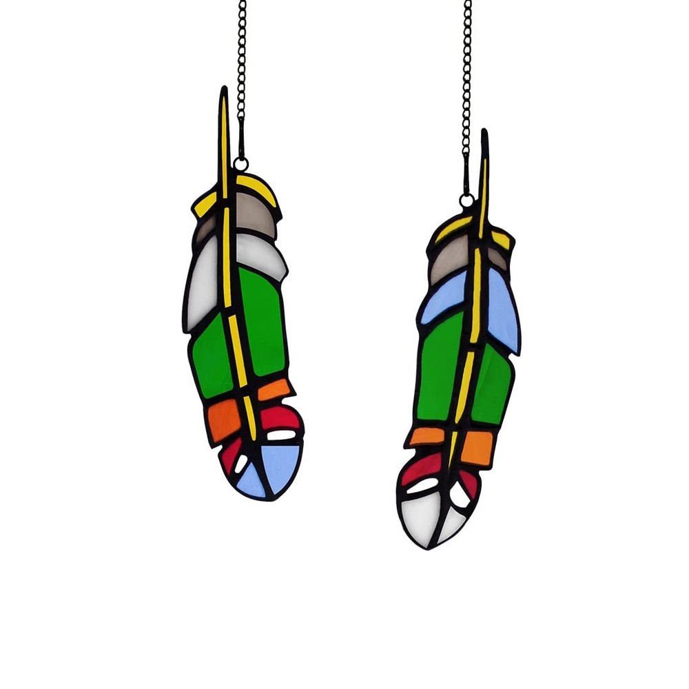 Feather Stained Glass Window Hanging, Glass Suncatchers Feather Decor 2PCS Bi...