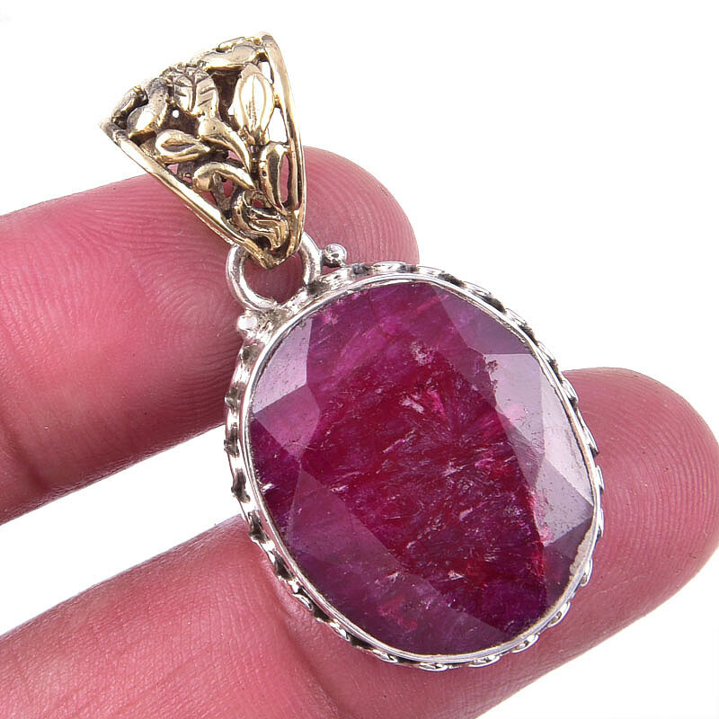 Red Ruby(Simulated) Gemstone Handmade 925 Sterling Silver Pendant 1.50
